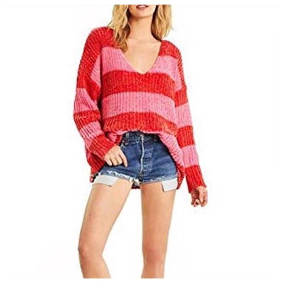 Wildfox Shine Clare Chenille Red Pink Pullover Striped Sweater XS - Picture 5 of 7